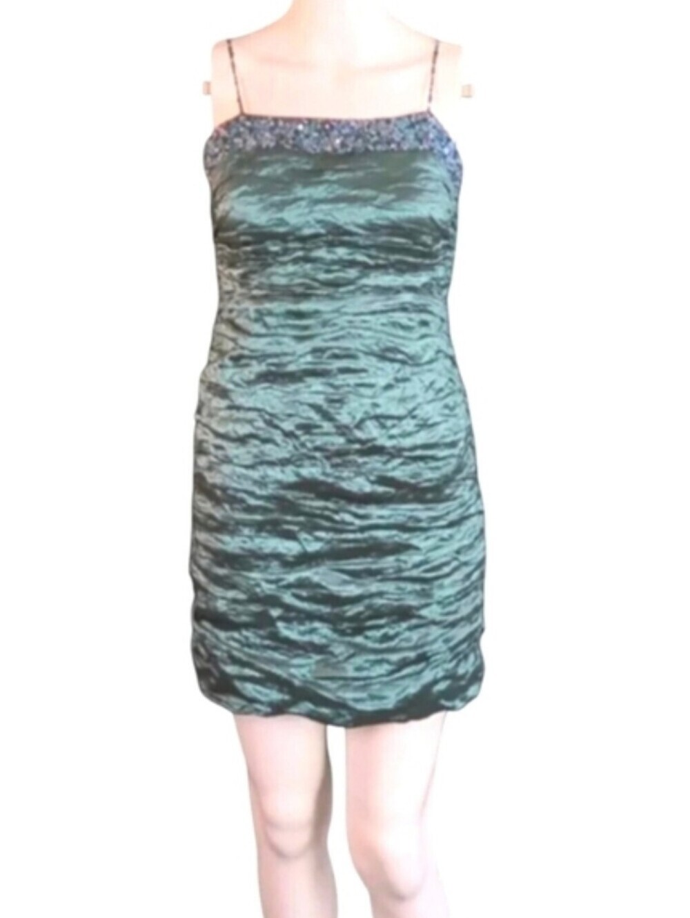 BCBGMaxAzria Satin Crinkle Aqua Cocktail Dress Bead & Sequin Trim